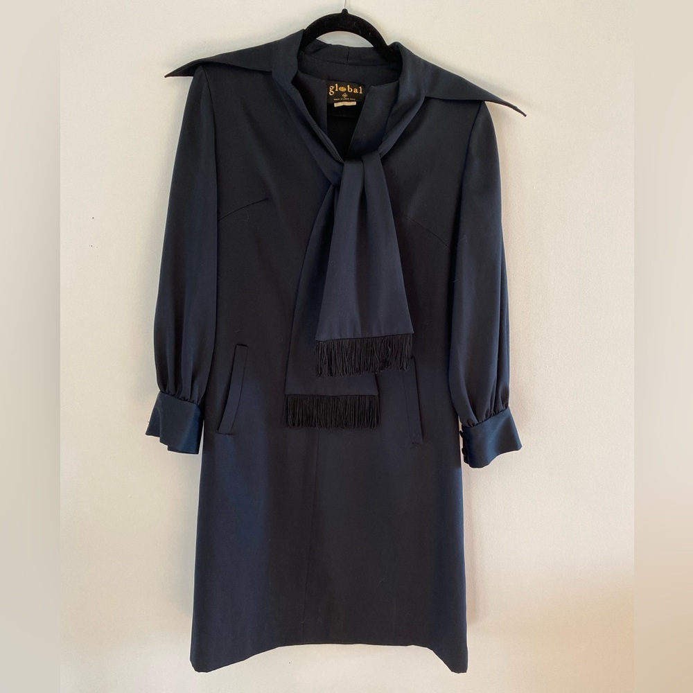 70s/80s Black Long Sleeve Dress w/ Tassel Scarf - M-L